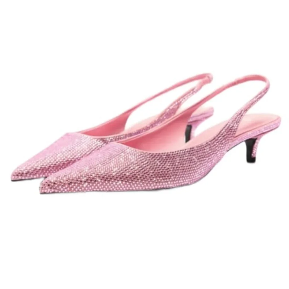 ZARA KITTEN HEEL SLINGBACK SHOES WITH RHINESTONES SIZE 9US Pink | 1226/110